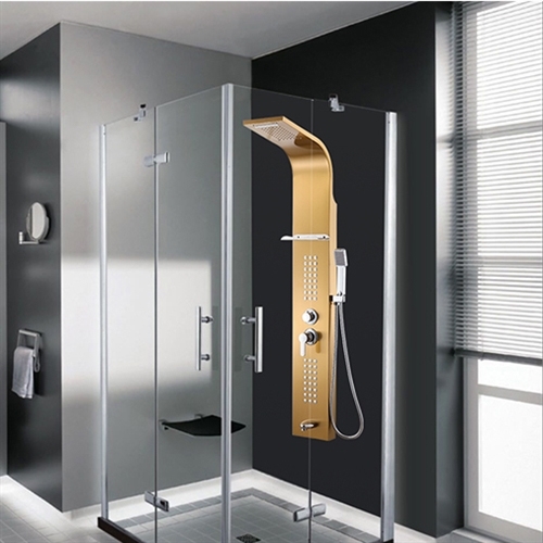 Reno Bathroom 0.8mm Thickness Stainless Steel Rainfall Shower Panel Rain Massage System with Jets &Hand Shower&Rack
